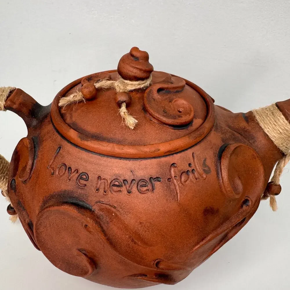 Doladu LOVE NEVER FAILS Brown Teapot Ceramic Rustic Pottery Handcrafted with Lid